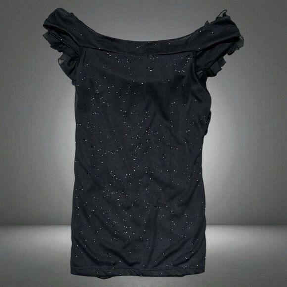Easel Shirt M Off Shoulder Ruffle Ruched Black Sparkle Goth Babydoll Coquette - Picture 2 of 4